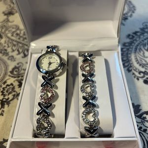 Pink & Clear Rhinestone Silver To XOXO Hugs & Kisses Watch & Bracelet NIB